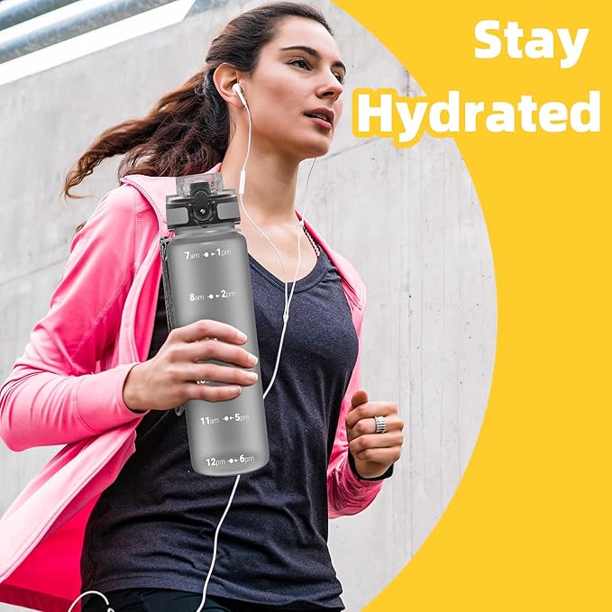 OLDLEY 32 oz Water Bottle, Motivational Water Bottle with Time Marker, Sports Water Bottle With Strap, Leakproof & BPA Free Large Water Bottles for School, Gym, Travel, Outdoor, Tritan,Gray-Ruum Studio Home