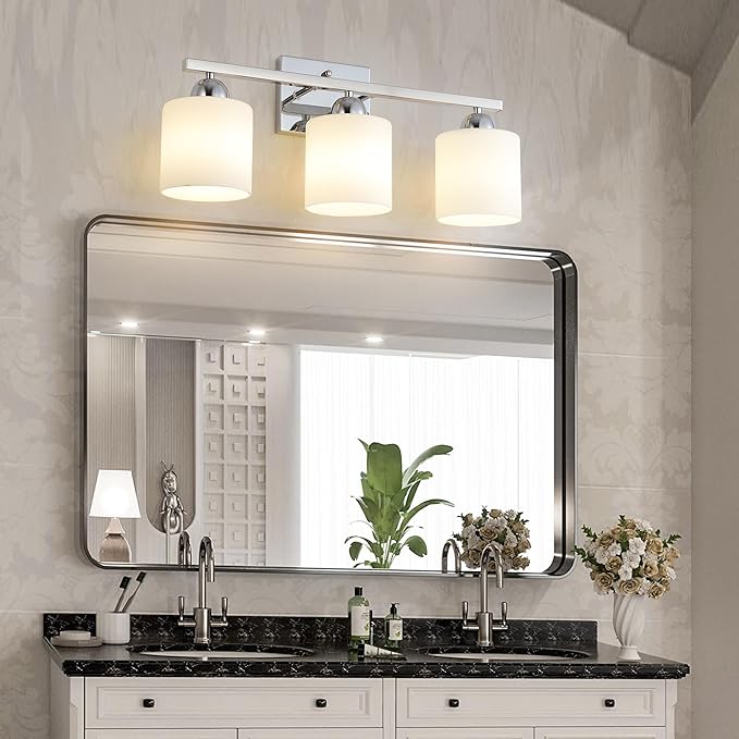 Stainless Steel Milk Glass Vanity Lights for Bathroom, 3 Light Chrome Bathroom Light Fixtures Over Mirror, Ceramic E26 Sockets Wall Mounted-Ruum Studio Home
