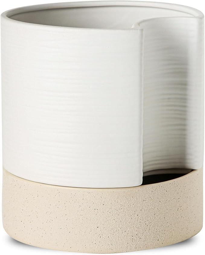 Nihow Self Watering Plant Pot: 8 Inch Ceramic Planter with Drainage Hole & Water Storage Plus for Indoor & Outdoor Plants - Cylinder Round Flower Pot for Succulent/Herbs/Violets - White & Brown-Ruum Studio Home