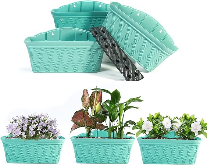 Sungmor 3 Pack Wall Hanging Planters, 16.5 Inch Railing Fence Hanging Flower Pots, Thickened Plastic Water Storage Plant Pot, Indoor Outdoor Garden Balcony Decor, Light Green Large Plant Basket-Ruum Studio Home