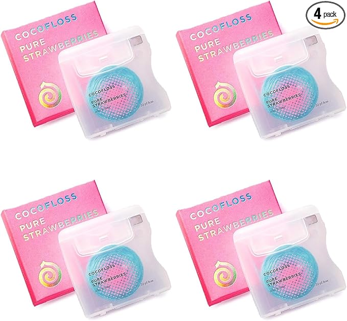 Cocofloss Woven Dental Floss, Dentist-Designed Oral Care, Strawberry Scent, Waxed, Expanding, Kid-Friendly String Floss with Coconut Oil, 4 Spools (33 yd Each)-Ruum Studio Home