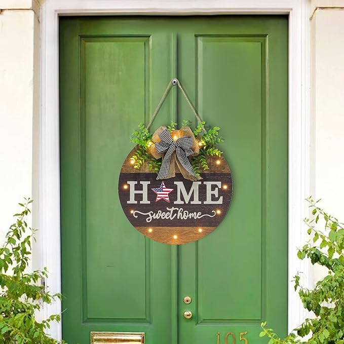 Interchangeable Welcome Sign for Front Door with 14 Changeable Icons, Farmhouse Front Porch Decor Rustic Wooden Wall Sign with 12 LED Lights, Outdoor Seasonal Welcome Home Decorations (Wood home1)-Ruum Studio Home