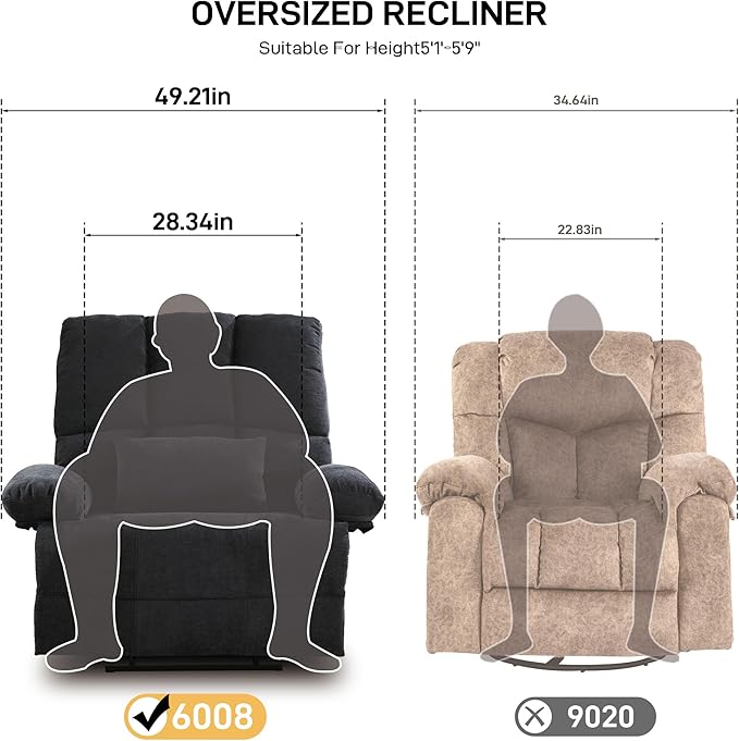 Oversized Recliner Chair Extra Wide Large Recliner for Adults 350lbs with Lumbar Support Pillow Nursery Chair Living Room (Manual, GREY-6008)-Ruum Studio Home