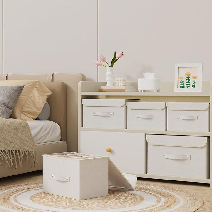 Storage Boxes, Collapsible Storage Bins with Lids, Cotton and linen cloth Storage Baskets with Handle, for Books, Closet, Bedroom, Home, 10.2x7.9x6.7 in, Beige-Ruum Studio Home