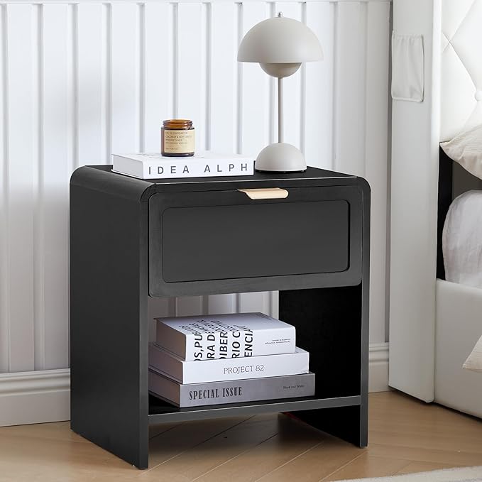 LEVNARY Nightstand with Charging Station, Mid-Century Modern Bedside Table with Curved Top Corners and Storage Drawer, Wooden End Table for Farmhouse Bedroom Living Room (1, Black)-Ruum Studio Home