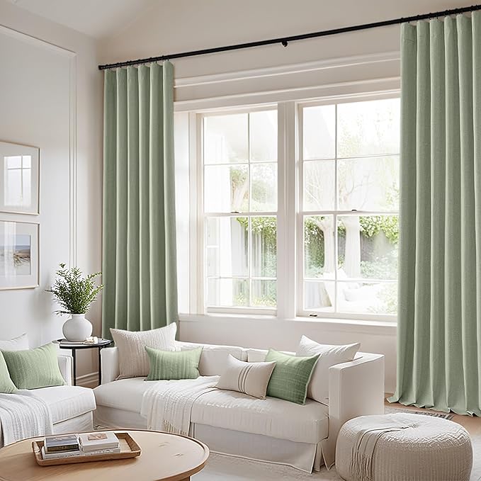 MIULEE 100% Blackout Curtains 84 Inch Long 2 Panels for Bedroom, Thick Luxury Faux Linen Black Out Curtain Room Darkening Back Tab Pleat Window Textured Drapes with Hooks for Living Room, Sage Green-Ruum Studio Home
