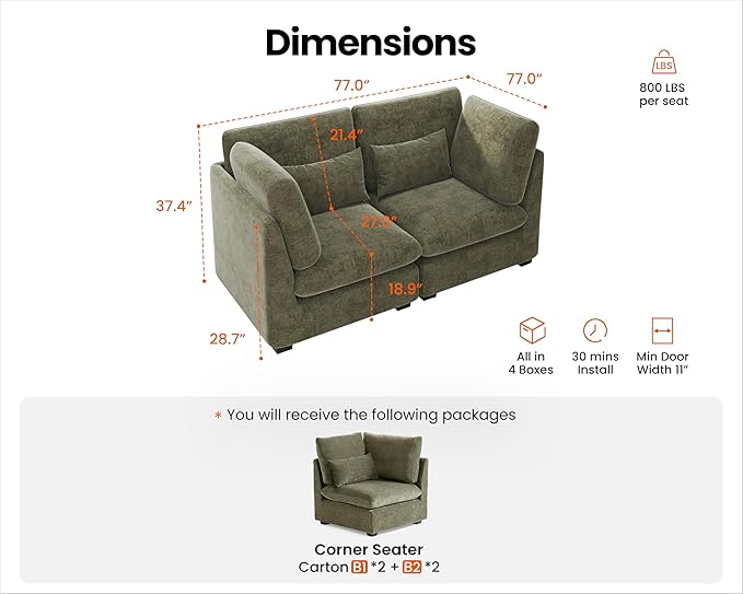 Oversized Modular Sofa, Extra Deep Cloud Chenille Sectional Couch with Ottoman Chaise, Fluffy Chenille 2 Seater Sofa Bed for Living Room, Villa (Loveseat Sofa, Chenille Green)-Ruum Studio Home