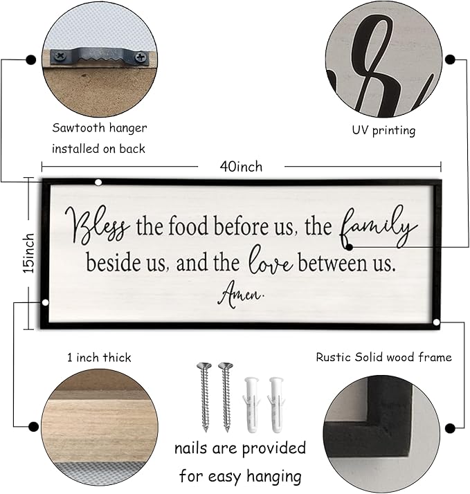 Bless the Food Before Us Sign Wall Decor 40"X15" Large Farmhouse Dining Room Wall Decor Framed Wood Rustic Home Wall Art Kitchen Decoration (Black)-Ruum Studio Home