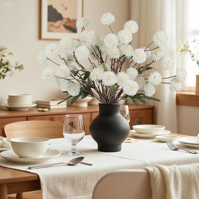 Faux White Kiku Flowers 10 Stems & 2 Eucalyptus, Fake Mums Pompon Flower Ball, Autumn Artificial Chrysanthemums Flowers for Boho Bedroom Decor, Silk Mini Faux Kiku Flower Wedding Arrangements Decor-Ruum Studio Home