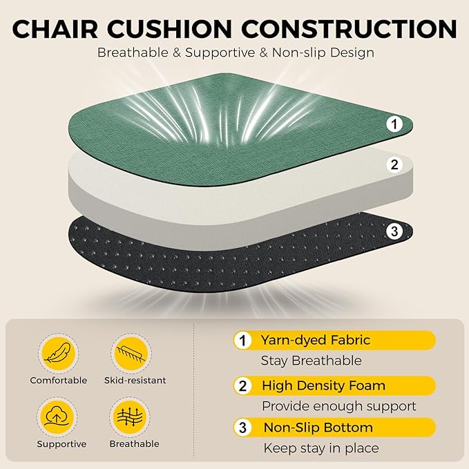 downluxe Indoor Chair Cushions for Dining Chairs, Soft and Comfortable Textured Foam Kitchen Chair Pads with Ties and Non-Slip Backing, 16" x 16" x 2", Dark Green, 6 Pack-Ruum Studio Home