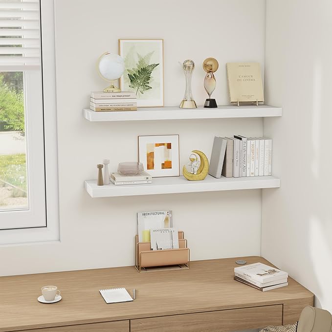 Fun Memories White Floating Shelves 36 Inch Long, Rustic Farmhouse Bathroom Shelves Over Toliet, 36 x 8 Inch Floating Shelves for Wall, Deep Wall Shelf for Living Room, Kitchen, Bedroom, Set of 2-Ruum Studio Home