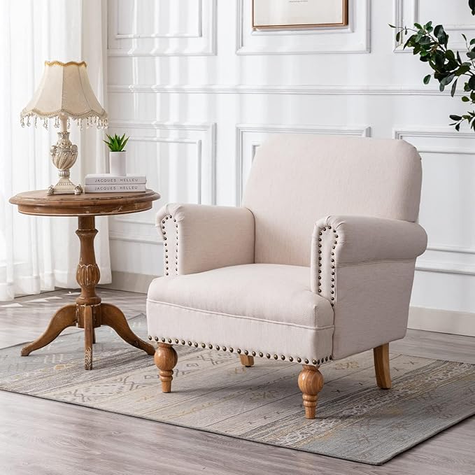 chairus Linen Accent Chair for Living Room Set of 2 Upholstered Mid Century Modern Single Sofa Chair with Solid Wood Legs Comfy Reading Chair Armchair for Bedroom/Office Room/Recption/Lounge, Cream-Ruum Studio Home
