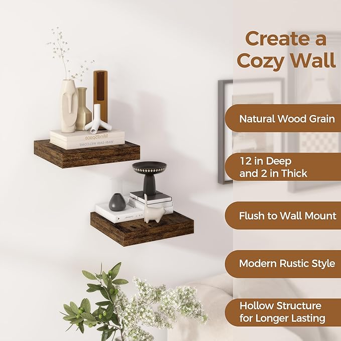 Fun Memories 12 Inch Floating Shelf, Rustic Wood Wall Shelves for Wall Decor & Storage, 12 x 12 Floating Shelf for Living Room, Bathroom, Bedroom, Rustic Brown, Set of 2-Ruum Studio Home