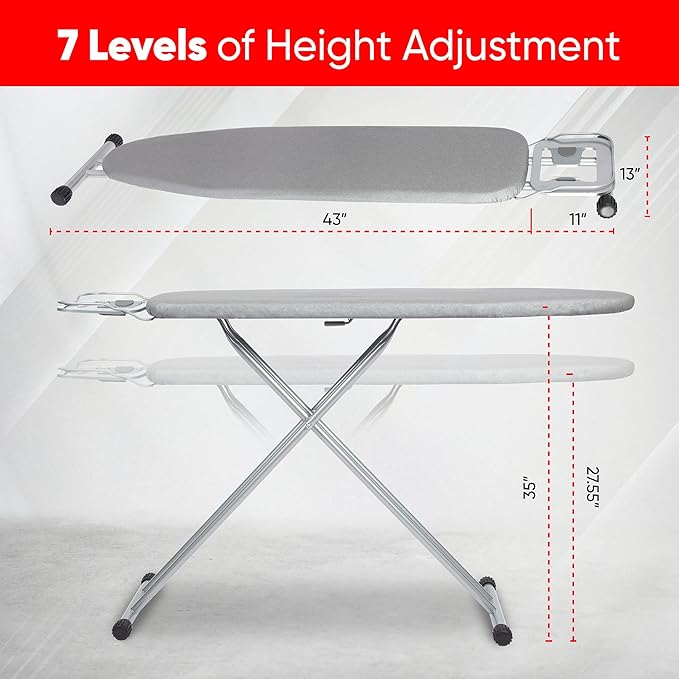 Ironing Board Full Size 54" L x 13" W, Foldable & Adjustable Height Iron Board with Heat-Resistant Cover and Iron Rest, Sturdy & Space-Saving Ironing Table for Home-Ruum Studio Home