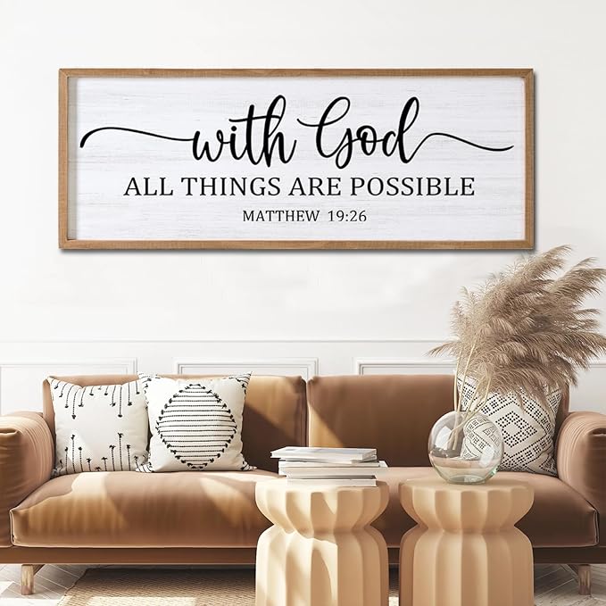 With God All Things are Possible Framed Wall Art, 40''×15'' Natural Religious Rustic Bible Verse for Christian God Jesus Christ Prayer, Holy Positive Horizontal Inspirational Catholic Scripture Decor-Ruum Studio Home