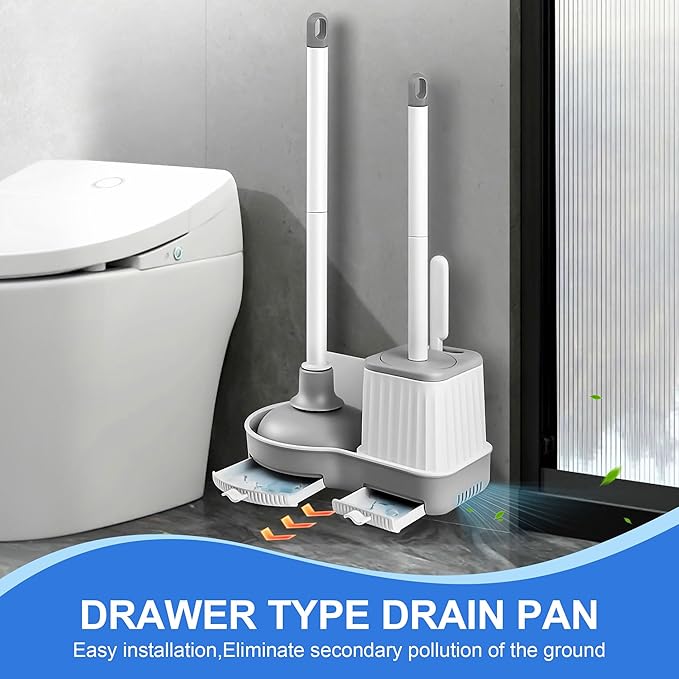 Toilet Brush and Plunger, 3 in 1 Toilet Bowl Brush and Holder with Crevice Cleaning Brush Wall Mounted Household Bathroom Cleaning Tools Combo Set(White-Gray)-Ruum Studio Home