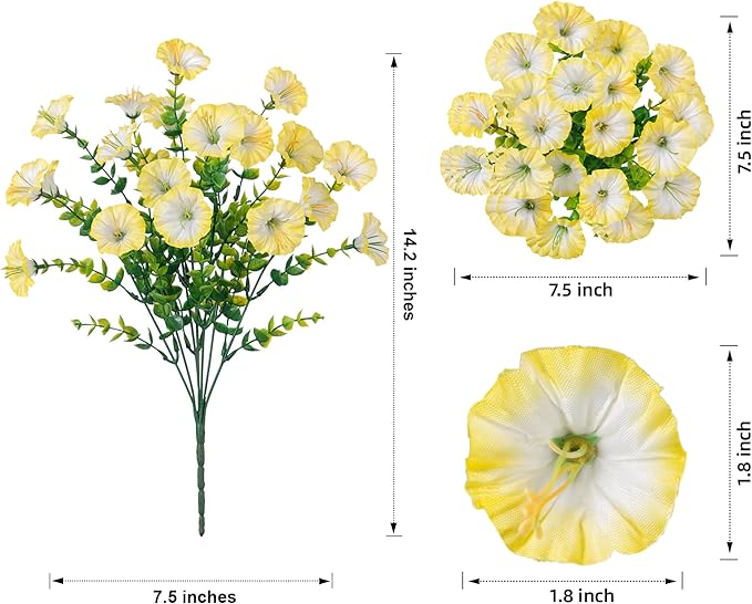 Artificial Flowers for Outdoors Fake Plants Outside Decoration, 12 Bundles Silk Colorful Morning Glory with Eucalyptus UV Resistant Realistic Faux Flowers for Planter Porch Patio Yard Indoor-Ruum Studio Home