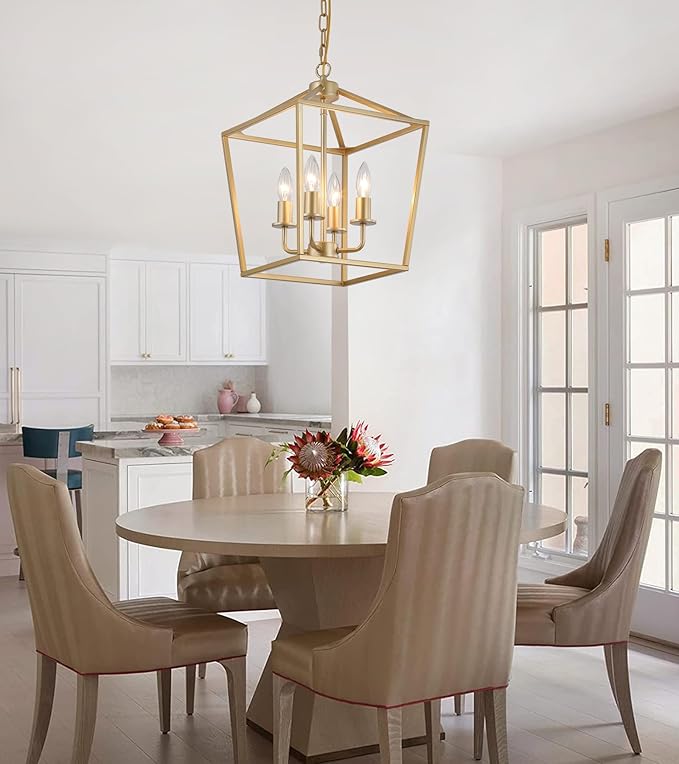 Industrial 4 Lights Chandelier, Gold Lantern Ceiling Light Fixtures with Rustic Metal Cage Adjustable Height Farmhouse Geometric Hanging Light for Kitchen Island, Dining Room, Entryway, UL Listed-Ruum Studio Home