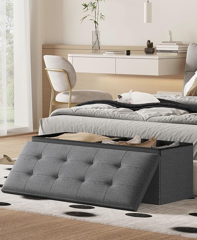 Storage Ottoman Bench, Folding Ottoman Foot Rest, 15 x 43 x 15 Inches, End of Bed Bench, Storage Chest, for Living Room, Bedroom, Hallway, Entryway, Holds up to 700 lb,Dark Gray-Ruum Studio Home