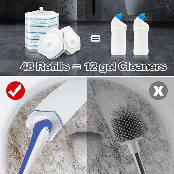 JEHONN Disposable Toilet Brush with 48 Wand Cleaner Refills, Wall Mounted Toilet Bowl Brush Holder Set, Bathroom Cleaning System for Sink Bathtub Wash Basin (Blue)-Ruum Studio Home
