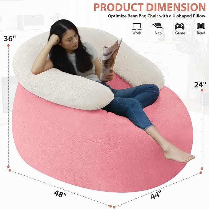 HABUTWAY Bean Bag Chair with U-Shaped Pillow for Adult and Kids Big BeanBag Chair with Filling Ultra Soft Teddy Fleece Couch Chair with Washable Cover for Living Room Bedroom Office, Beige-Light Pink-Ruum Studio Home