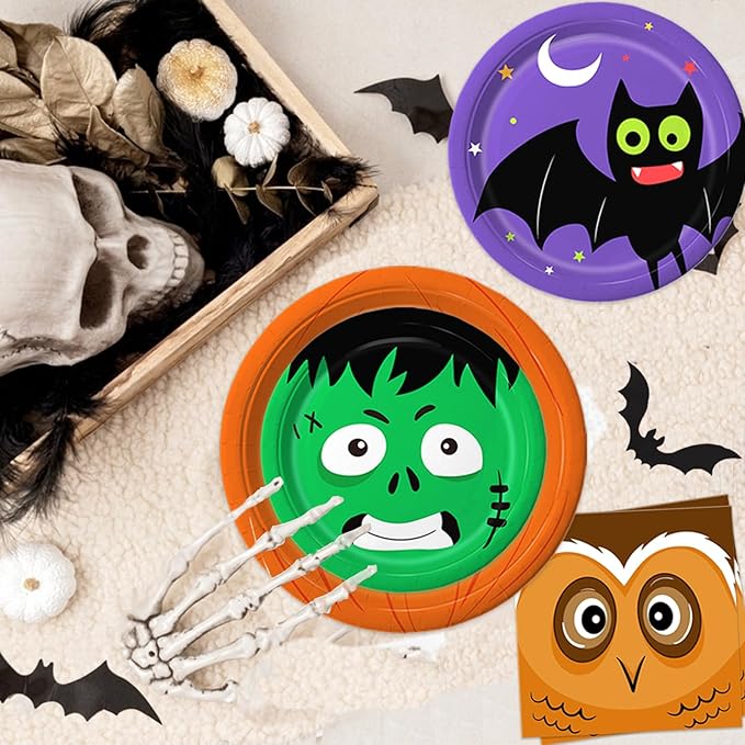 105PCS Halloween Paper Plates Ghosts Pumpkin Skull Spider Web Design for Halloween Party Decorations Supplies, Serves 30-Ruum Studio Home