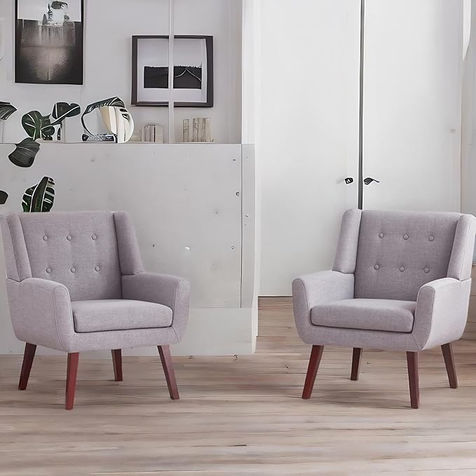 HUIMO Button-Tufted Accent Chairs Set of 2,Upholstered Reading Living Room Chair,Mid Century Modern Chair with Linen Fabric, Club Chair,Comfy Arm Chairs for Living Room,Bedroom,Light Grey-Ruum Studio Home