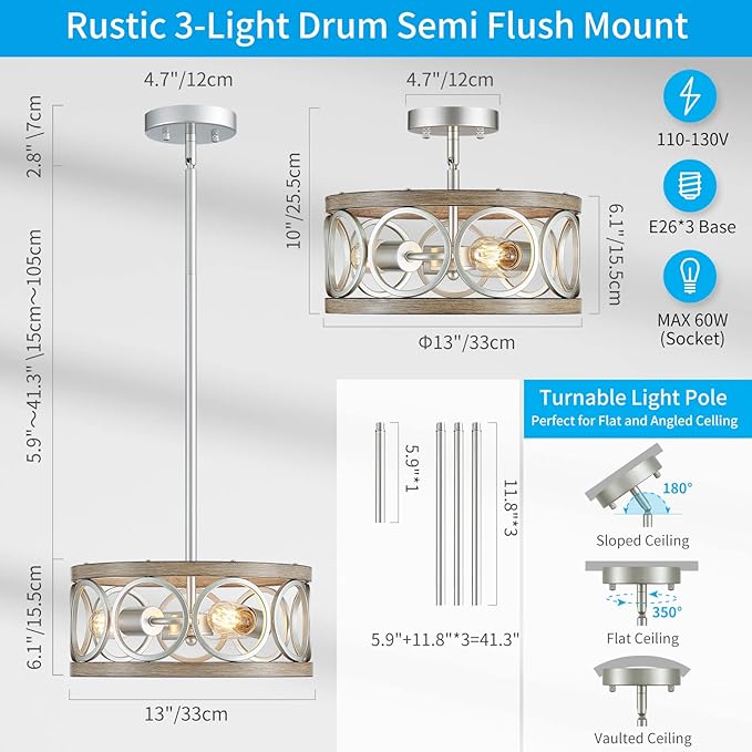 XINGQI Modern Ceiling Light Adjustable Height Pendant Lighting Fixture Brushed Nickel Wood Grain Metal 13" Rustic Round Lights for Dining Room Kitchen Bedroom Foyer Hallway-Ruum Studio Home