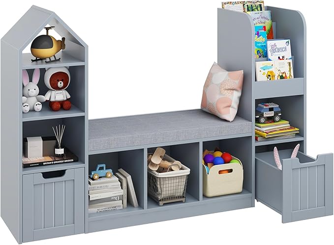Vabches Toy Storage Organizer for Kids Bookshelf with Reading Nook, Multifunctional Bookcase with 7 Storage Cubbies, 2 Movable Drawers and Seat Cushion for Keeping Kids' Toys Books Organized, Grey-Ruum Studio Home