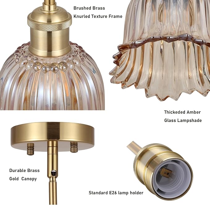 Modern Gold Pendant Light 3 Pack Brushed Brass Mid Century Chandelier Amber Glass Shades Adjustable Rods Farmhouse Ceiling Hanging Lighting Fixture Kitchen Island Dining Room Bedroom-Ruum Studio Home
