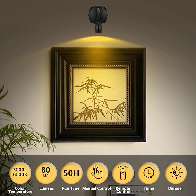Cordless Spotlight Battery Operated, LED Picture Light, Dimmable Accent Light with Remote, Indoor Stick on Display Lamp for Plant Tree Photo Dartboard Painting Artwork Portrait-Ruum Studio Home
