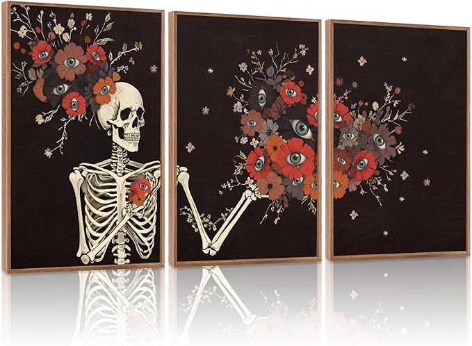KAIRNE Gothic Skull Wall Art,Halloween Skeleton Canvas Set of 3(16”x24”),Scary Skull Painting,Horror Floral Botanical Prints,Romantic Spooky Halloween Wall Art for Living Room Bedroom Goth Party Decor-Ruum Studio Home