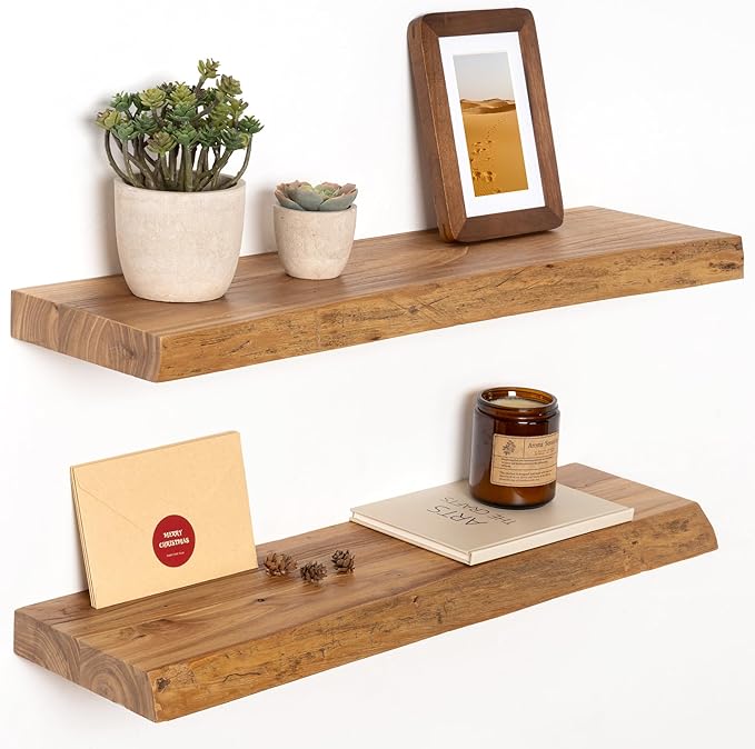 24" Floating Shelves, Live Edge Solid Elm Wood Floating Shelf, Wall Mounted Display Shelves with Heavy-Duty Bracket for Books, Rustic Wooden Shelf for Kitchen, Bathroom, Natural Color, Set of 2-Ruum Studio Home