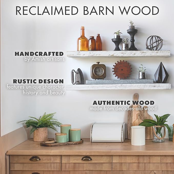 Urban Legacy Reclaimed Barnwood Planks | Floating Shelves for Wall w/Flush Mount Shelf Bracket Set Included | Set of 2 (White Wash, 18"x 7"x 2")-Ruum Studio Home
