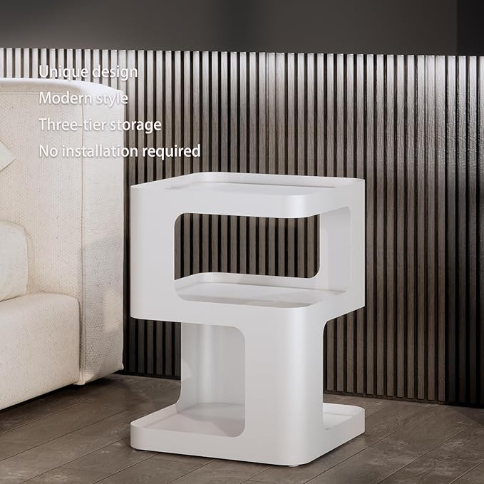 Modern Side Table,White end Table,Unique nightstand,Bedside Table,Metal 3-Tier Night Stand with Storage,Accent Side Table for Couch,Bedroom,Living Room.No Assembly Required.-Ruum Studio Home