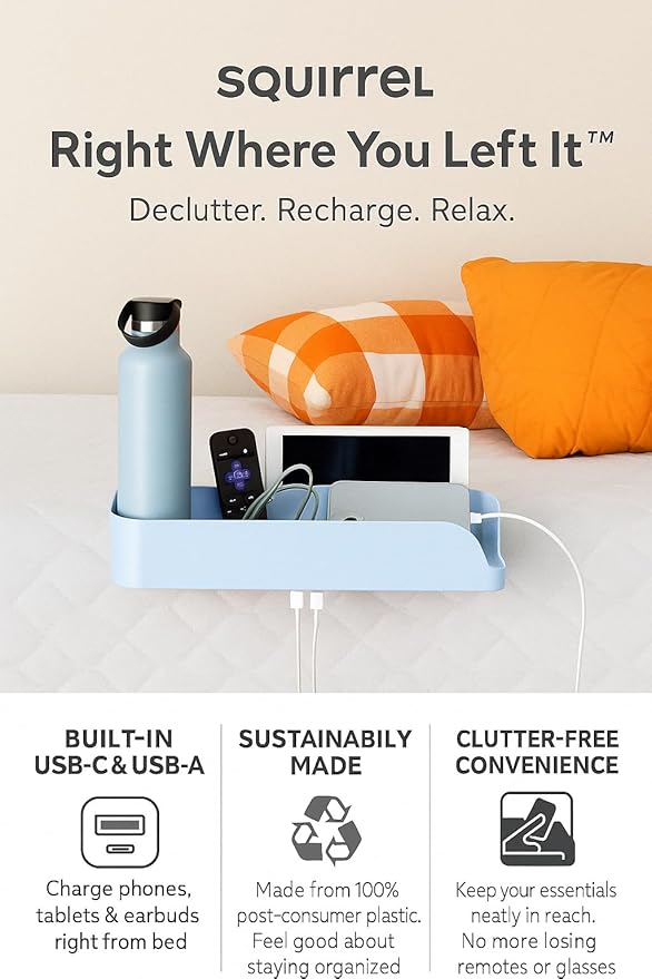 Squirrel-Bedside Perch, Floating Organizer with USB-C & A Charging Ports, Great Bedside Shelfie, Gift for teens and college freshman, for Gamers, Dorm room gifts. Assembly in 1 minute. Light Blue-Ruum Studio Home
