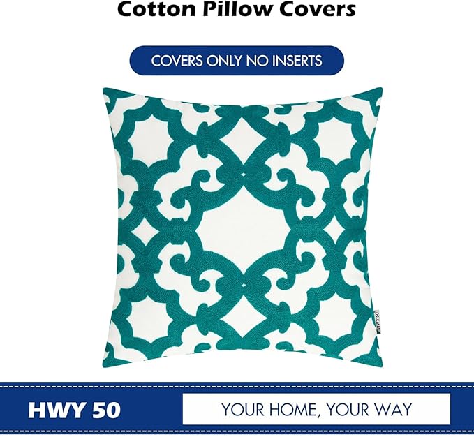HWY 50 Teal Decorative Throw Pillow Covers 18x18 Inch (1 Piece), Embroidered Cotton Farmhouse Cushion Cover Pillow Case for Sofa Couch Living Room Bed, Geometric-Ruum Studio Home