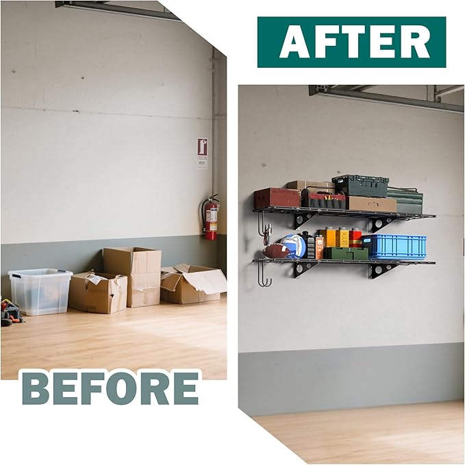 EVERHANGER Garage Wall Shelves, 12 X 48 Inch Wall Mounted Storage Shelves, Heavy Duty Metal Shelving with Hooks, 2 Pack, Black-Ruum Studio Home