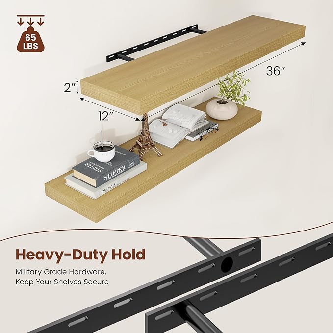 12 Inch Deep Floating Shelves 36 inch Long, 36 x 12 Wide Wall Shelves with Invisible Brackets, Heavy Duty Shelf for Bedroom Bathroom Living Room Kitchen Office Home Decor, Modern Shelf Set of 2, Oak-Ruum Studio Home