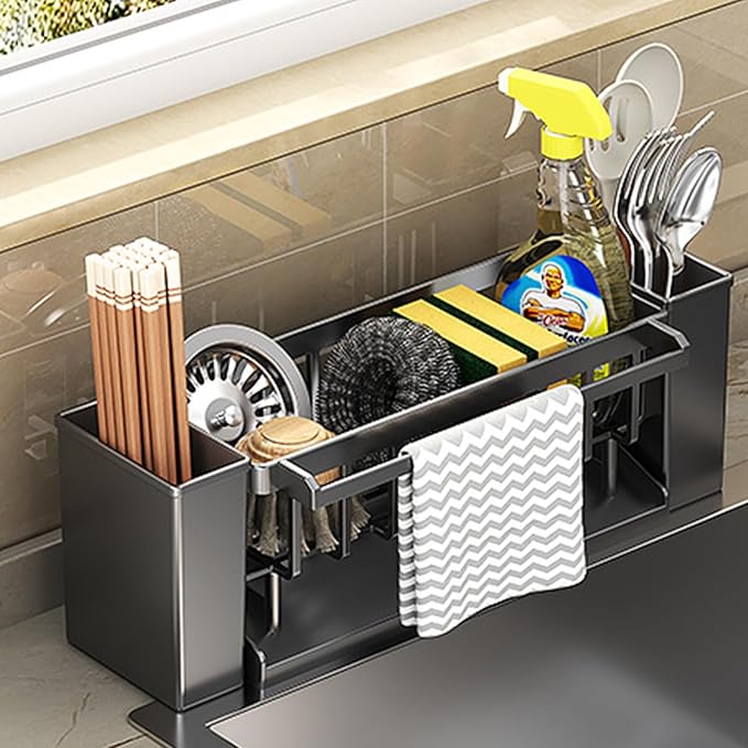 Utensil Holder, 3 Compartments Utensil Drying Rack, Dish Drainer for Kitchen Counter,Kitchen Utensils Holder with Towel Bar,Self-Draining Tray Design(Gray)-Ruum Studio Home