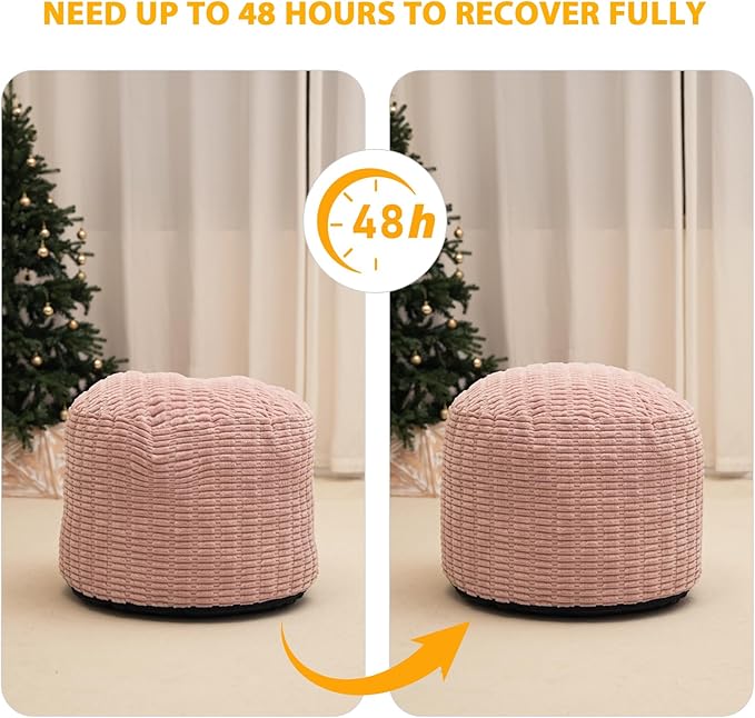 Round Stuffed Pouf Ottoman for Foot Rest, Storage Ottoman Pouf Foot Stool Cushion, Faux Fur Poufs with Foam Chunk Filling, 26 X 18 Inch Floor Chair for Living Room Bedroom Home Decor, Pink-Ruum Studio Home