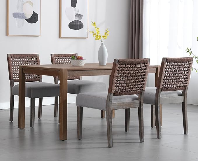 Kmax Farmhouse Dining Chairs Set of 4, Rustic Kitchen Chairs with Linen Fabric Seat and Woven Back, Vintage Accent Chairs for Dining Room, Living Room, Grey-Ruum Studio Home