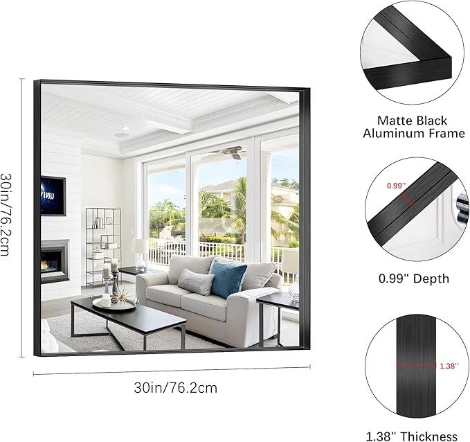Black Bathroom Mirror, 30x30 Inch Rectangular Framed Mirror, Large Wall Mounted Bathroom Vanity Mirror Over Sink for Bedroom,Restroom, Living Room, Hangs Vertically or Horizontally-Ruum Studio Home