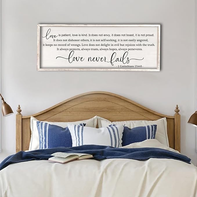 flowtorely Love is Patient, Kind Wall Art Decor 40"X15" Love Never Fails Sign 1 Corinthians 13 Bedroom Above Bed Large Bible Verse Quote Scripture Christianity Hanging Sign (White)-Ruum Studio Home