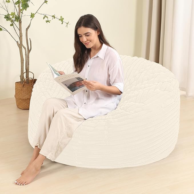 Memory Foam Bean Bag Chair for Adults/Teens, Bean Bag Sofa with Fluffy Removable Cover, for Living Room Bedroom, 4FT White-Ruum Studio Home