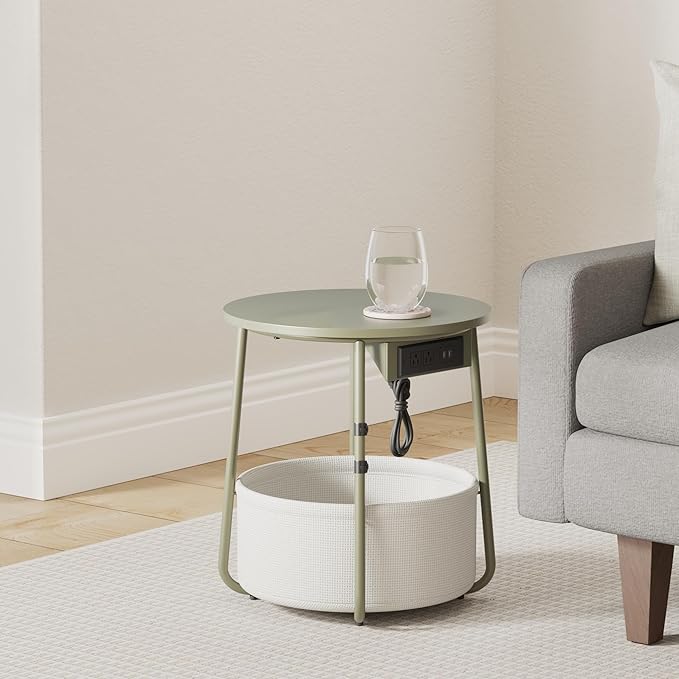 VASAGLE Side Table with Charging Station, Round End Table with Fabric Basket, Nightstand with Power Outlets, USB Ports, for Living Room, Bedroom, Modern, Forest Green and Cream White ULET228C04-Ruum Studio Home