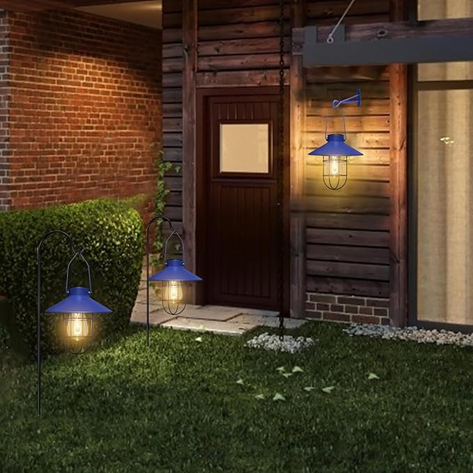 pearlstar Solar Lantern Outdoor Hanging Light Metal Farmhouse Solar Lamp with Warm White Edison Bulb Design for Garden Yard Patio Proch Decor(Blue)-Ruum Studio Home