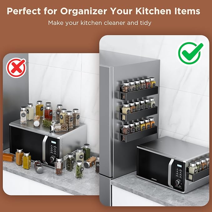 4 Pack Magnetic Spice Rack with 24 Spice Jars, Spice Labels, Chalk Marker and Funnel Set, Magnetic Spice Organizer Shelf for Refrigerator, Microwave, Seasoning Organizer for Kitchen-Ruum Studio Home