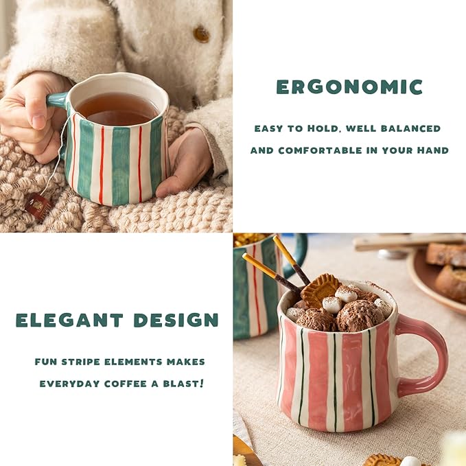 Striped Ceramic Coffee Mugs Set - 2 Pack, Pink & Green，Perfect for Morning Brew or Tea and Cocoa - for Coffee Lovers