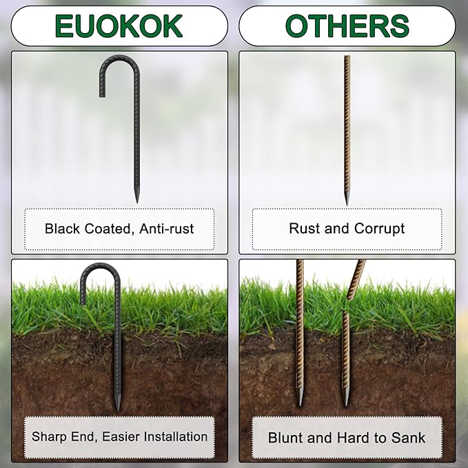 24 Pack J Hook Rebar Stakes 24 Inch 3/8 Inch Diameter Metal Stakes for Ground Heavy Duty with Chisel Point End Chain Link Fence Stakes for Swing Set, Gazebo and Bounce House, Black-Ruum Studio Home
